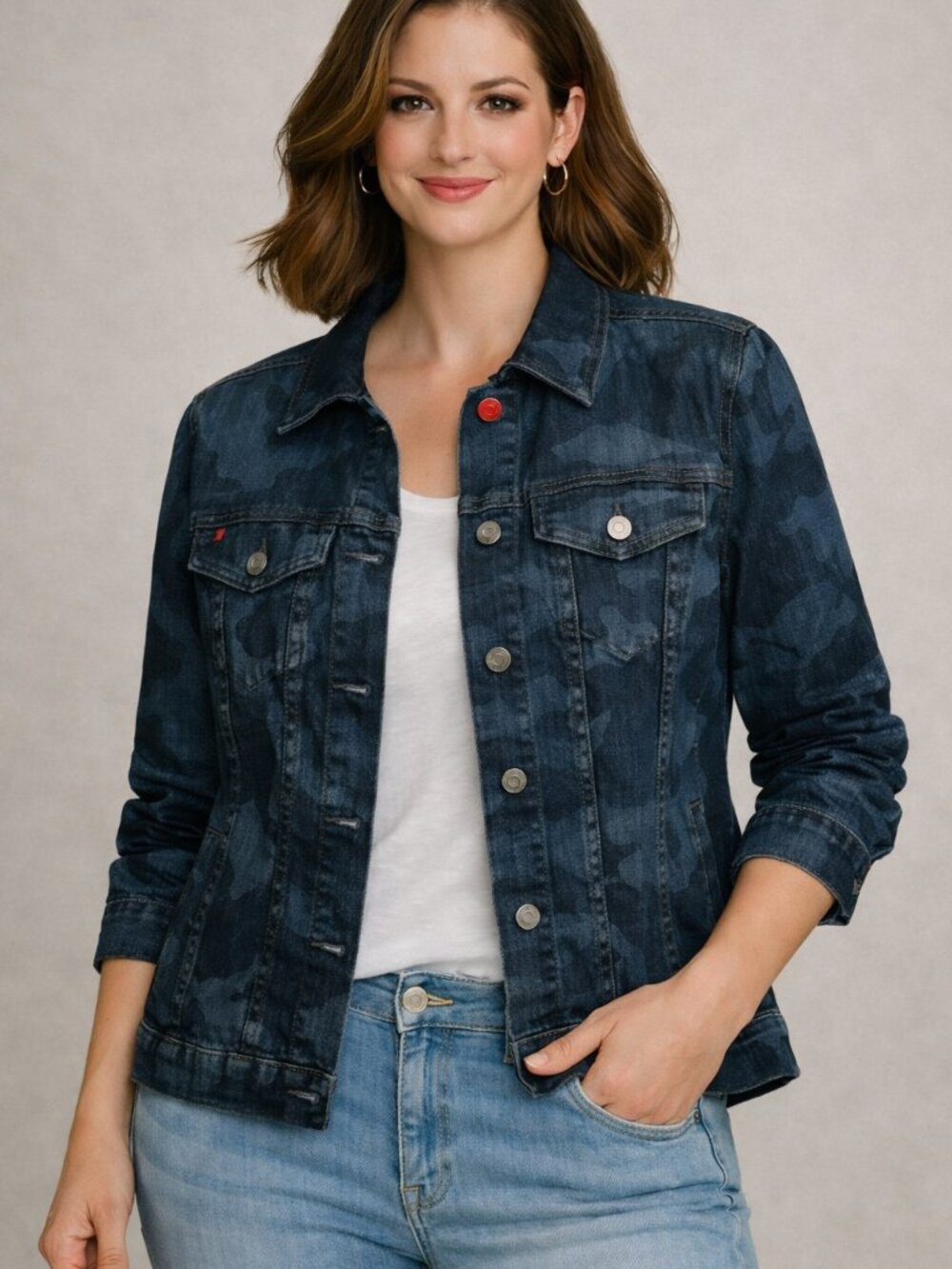Denim Jean Jacket with Camo inspired Print Dark wash  Oversized  Medium